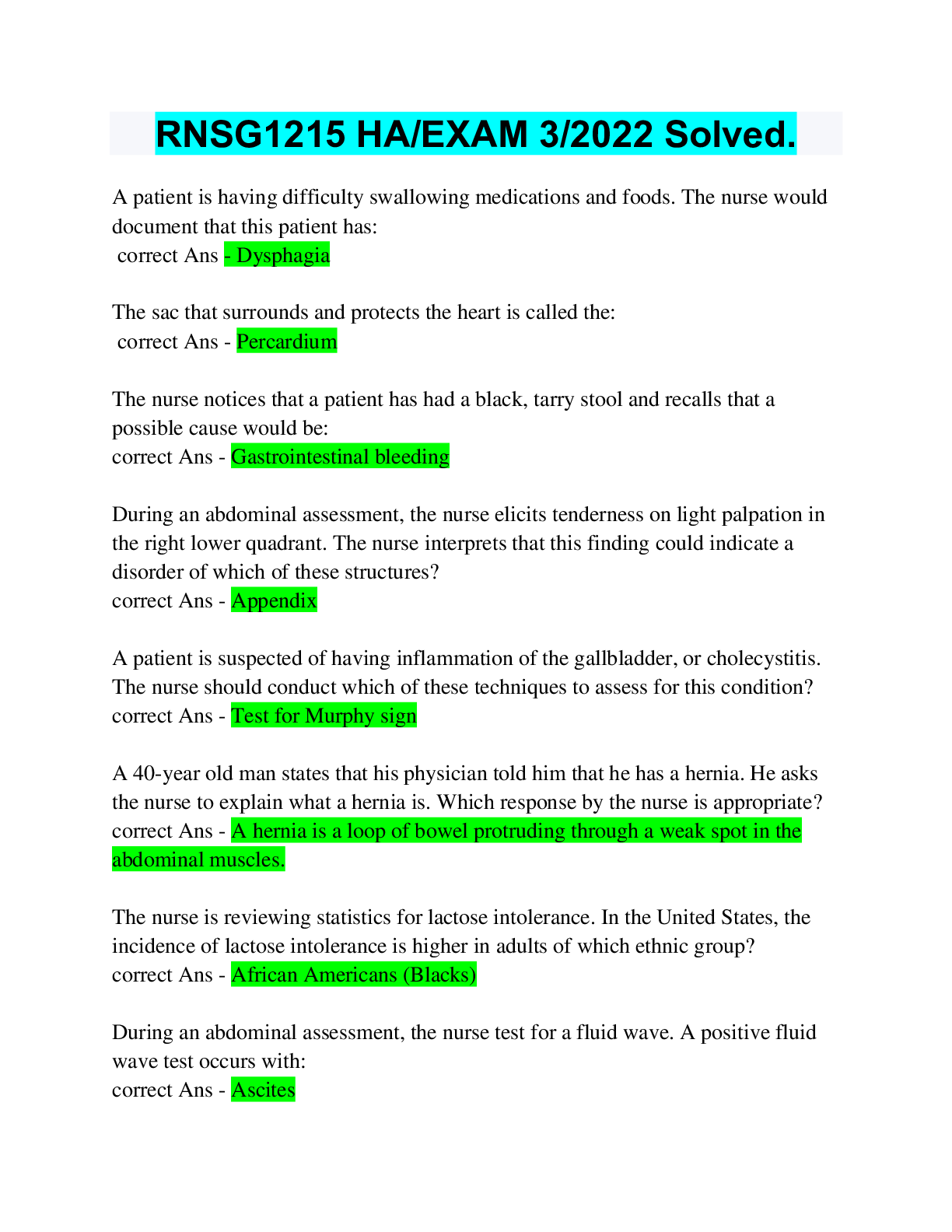Preview image for RNSG1215 HA/EXAM 3/2022 Solved / RNSG 1215 Health Assessment Exam 3 Answered Spring 2022.